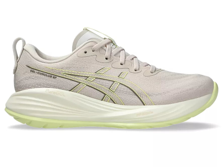 Women's Asics Gel-Cumulus 27. Light Grey upper. Off White midsole. Lateral view.