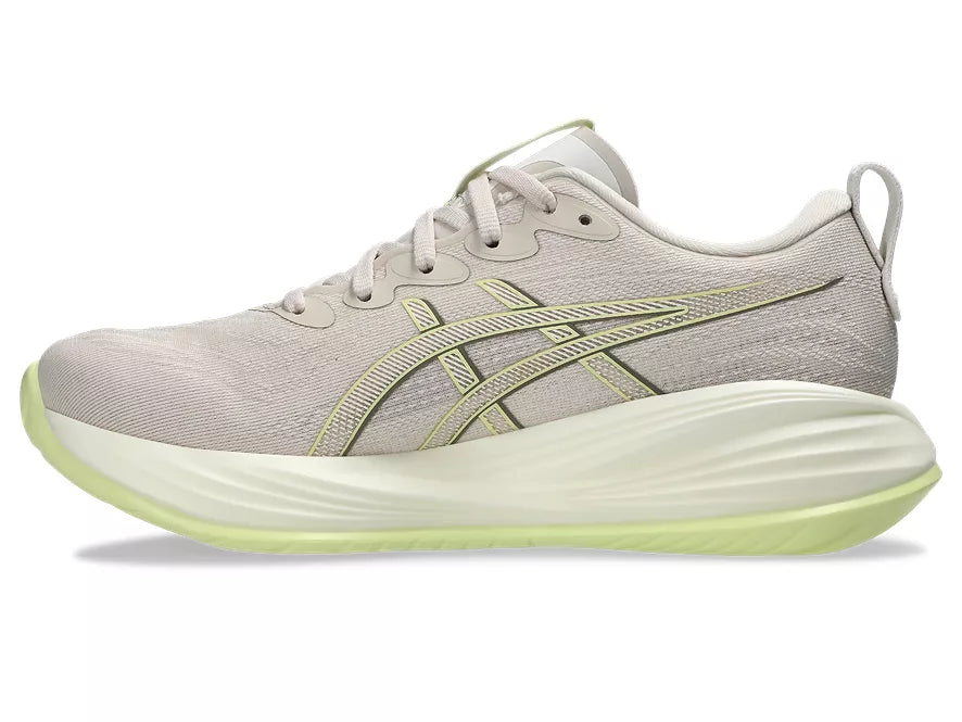 Women's Asics Gel-Cumulus 27. Light Grey upper. Off White midsole. Medial view.