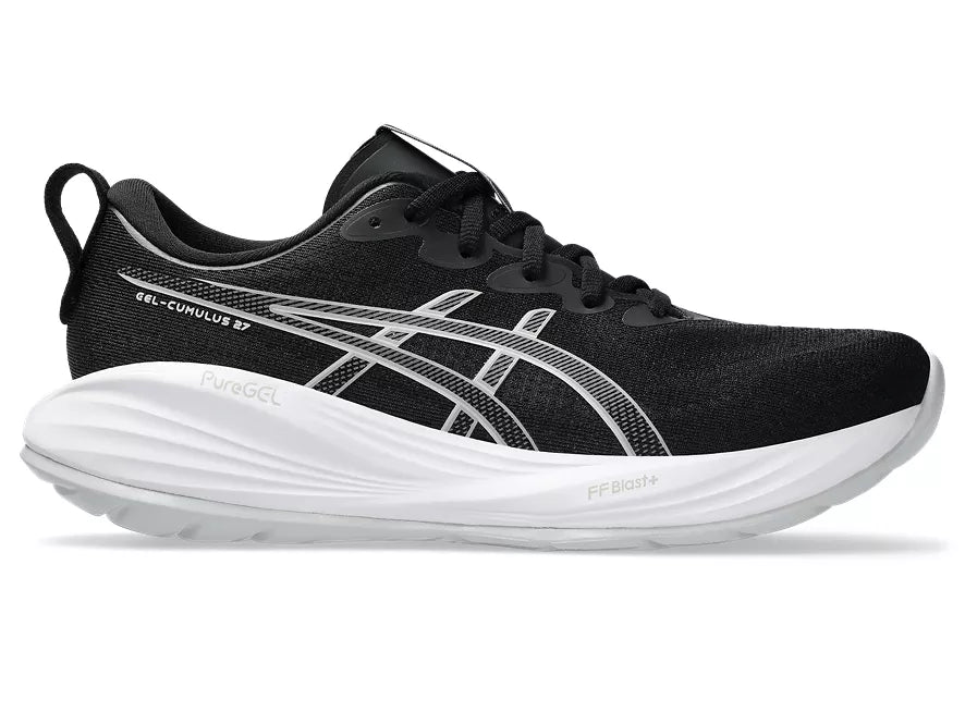 Women's Asics Gel-Cumulus 27. Black upper. White midsole. Lateral view.
