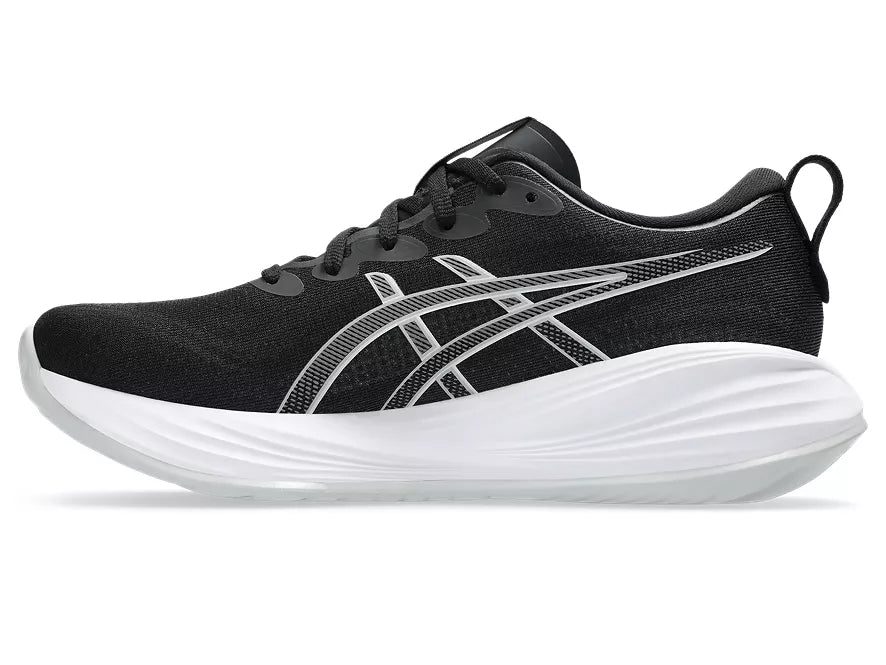 Women's Asics Gel-Cumulus 27. Black upper. White midsole. Medial view.