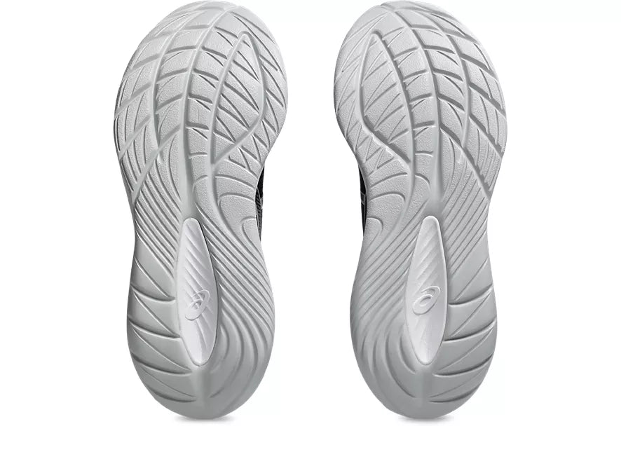 Women's Asics Gel-Cumulus 27. Black upper. White midsole. Bottom view.