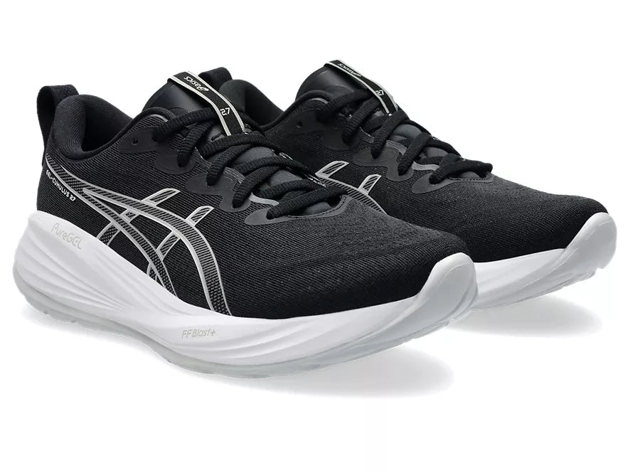 Women's Asics Gel-Cumulus 27. Black upper. White midsole. Lateral view.