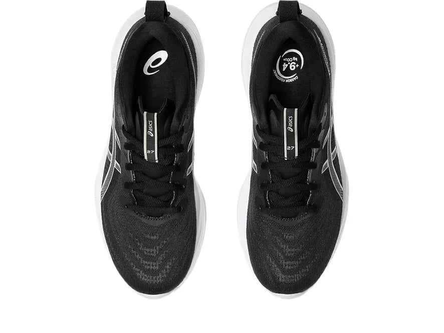 Women's Asics Gel-Cumulus 27. Black upper. White midsole. Top view.
