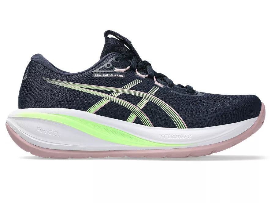 Women's Asics Gel-Cumulus 28. Dark Navy upper. White midsole. Lateral view.