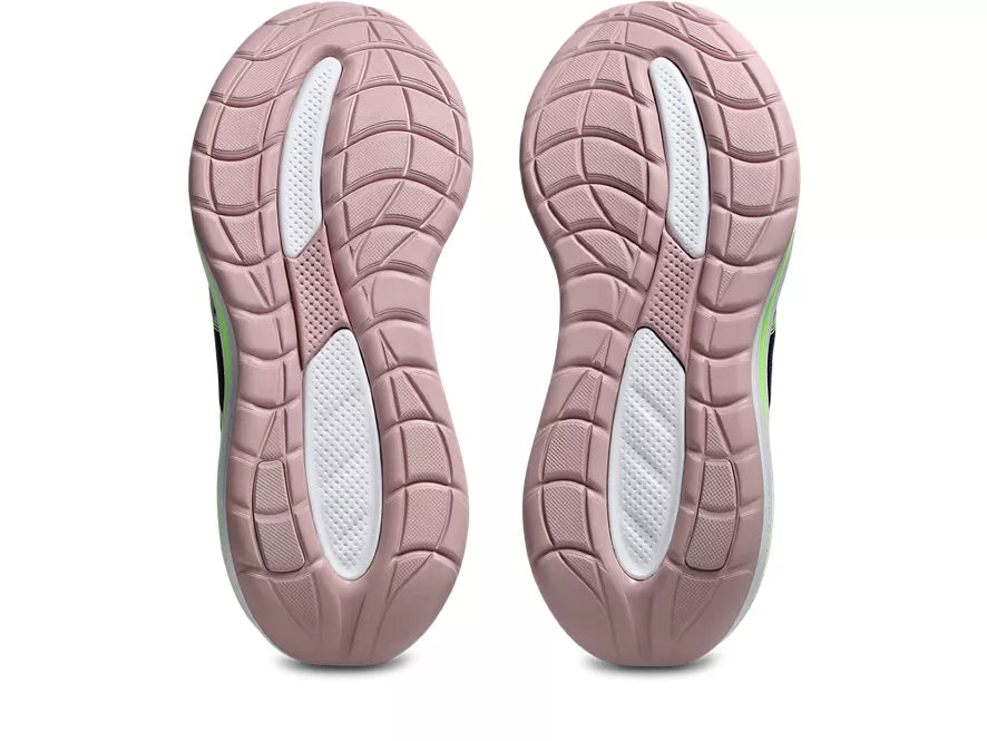 Women's Asics Gel-Cumulus 28. Dark Navy upper. White midsole. Bottom view.