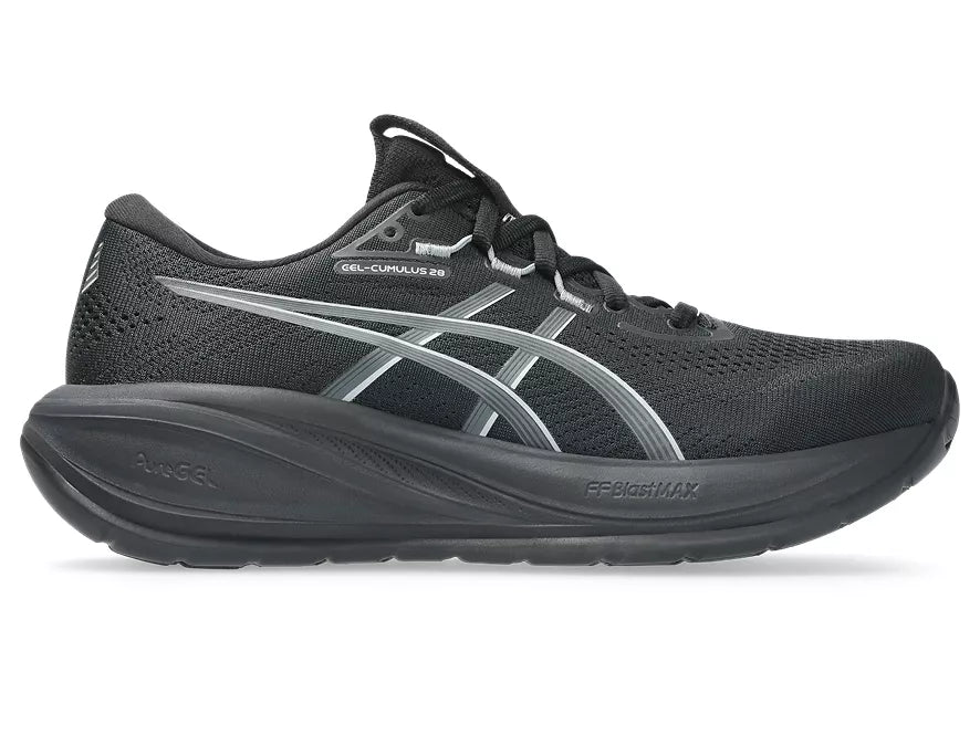 Women's Asics Gel-Cumulus 28. Black upper. Black midsole. Lateral view.