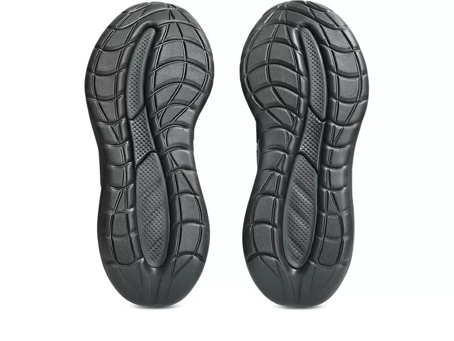 Women's Asics Gel-Cumulus 28. Black upper. Black midsole. Bottom view.