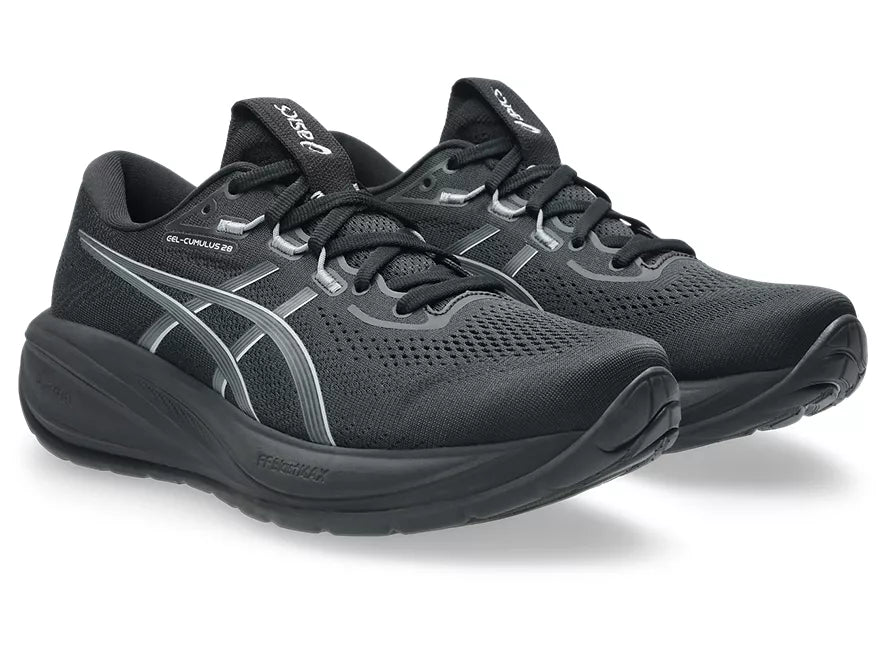 Women's Asics Gel-Cumulus 28. Black upper. Black midsole. Lateral view.