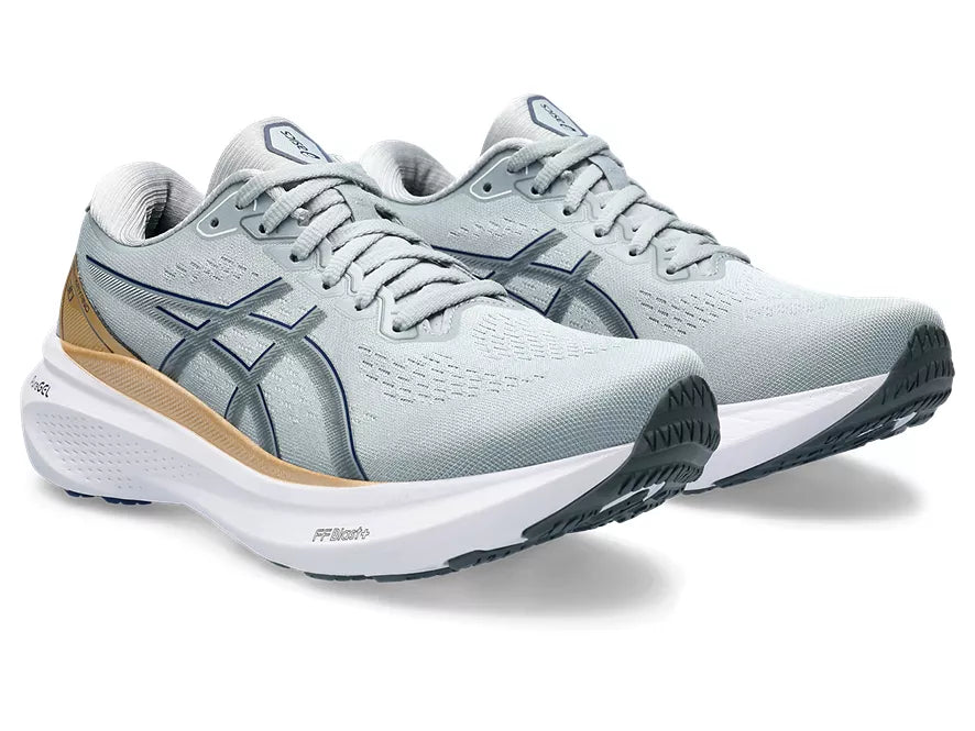Women's Asics Gel Kayano 30. Grey upper. White midsole. Lateral view.