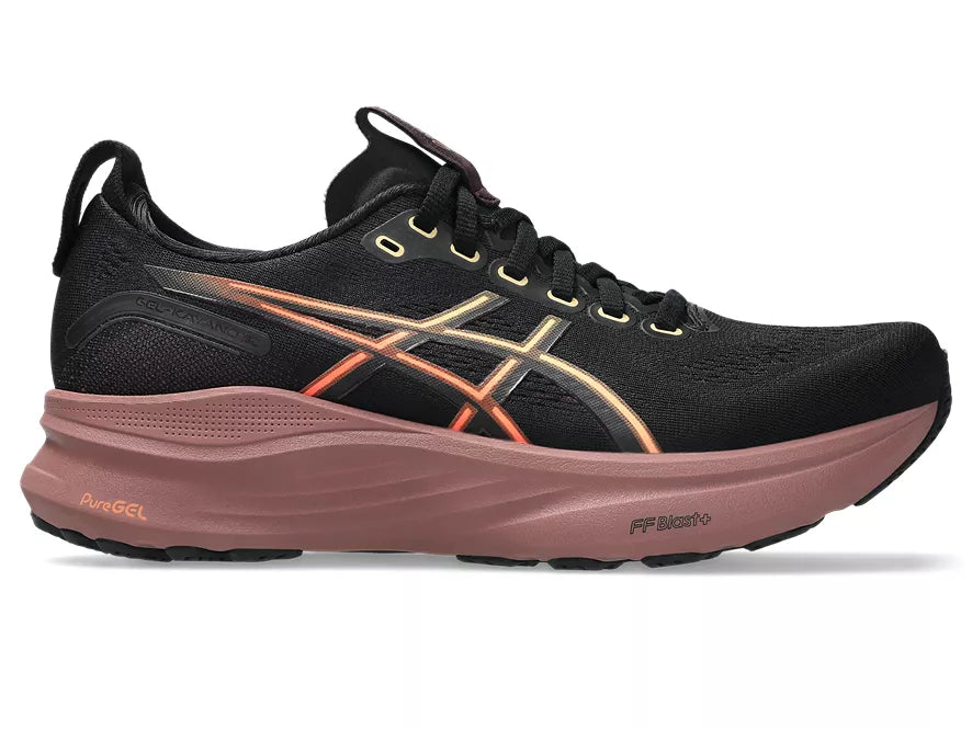 Women's Asics Gel Kayano 32. Black upper. Dark Pink Midsole. Lateral view.