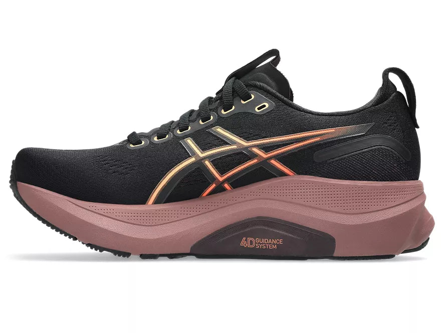 Women's Asics Gel Kayano 32. Black upper. Dark Pink Midsole. Medial view.