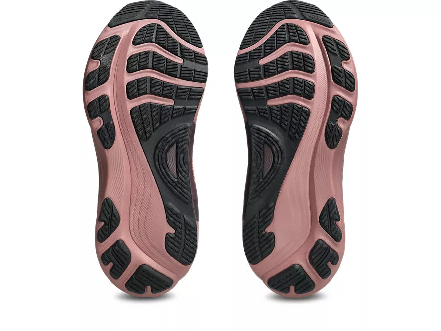Women's Asics Gel Kayano 32. Black upper. Dark Pink Midsole. Bottom view.