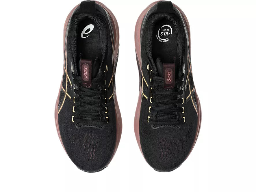 Women's Asics Gel Kayano 32. Black upper. Dark Pink Midsole. Top view.