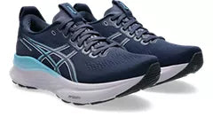 Women's Asics Gel Kayano 32. Navy upper. White midsole. Lateral view.