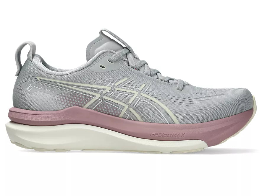 Women's Asics Gel-Kayano 33. Grey upper. Purple/White midsole. Lateral view.