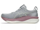 Women's Asics Gel-Kayano 33. Grey upper. Purple/White midsole. Medial view.