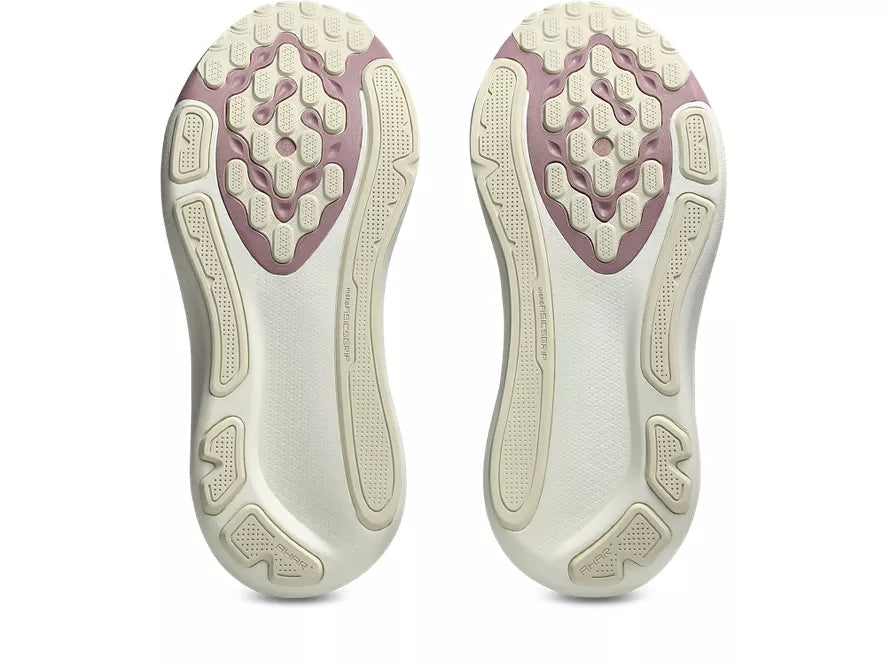 Women's Asics Gel-Kayano 33. Grey upper. Purple/White midsole. Bottom view.