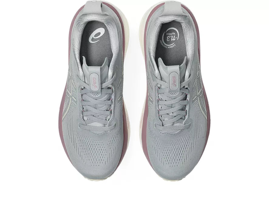 Women's Asics Gel-Kayano 33. Grey upper. Purple/White midsole. Top view.
