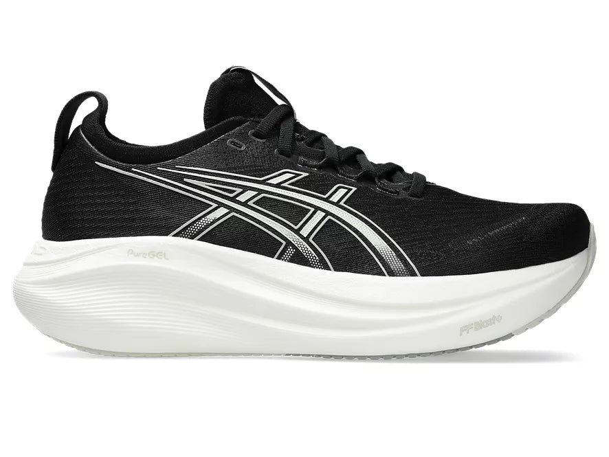 Women's Asics Gel-Nimbus 27. Black upper. White midsole. Lateral view.
