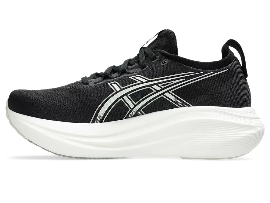 Women's Asics Gel-Nimbus 27. Black upper. White midsole. Medial view.
