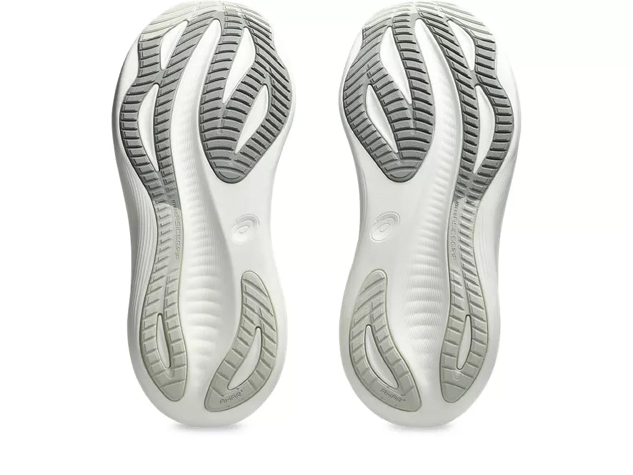 Women's Asics Gel-Nimbus 27. Black upper. White midsole. Bottom view.