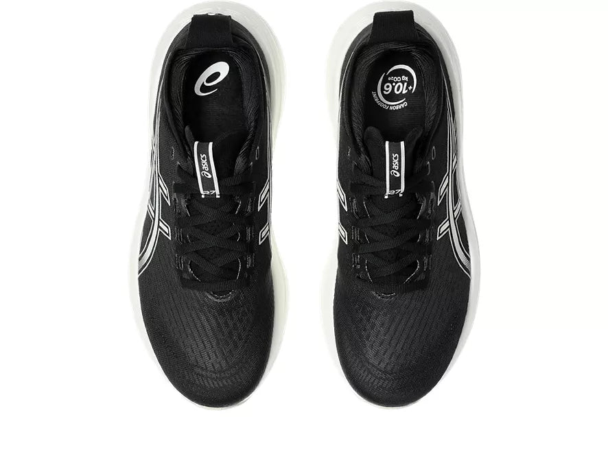 Women's Asics Gel-Nimbus 27. Black upper. White midsole. Top view.
