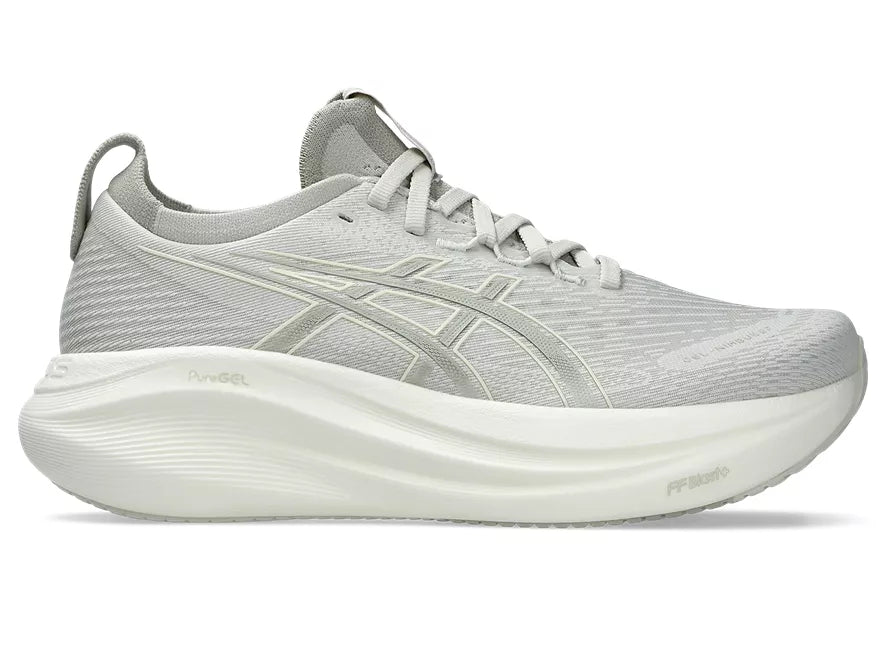 Women's Asics Gel-Nimbus 27. Grey upper. White midsole. Lateral view.