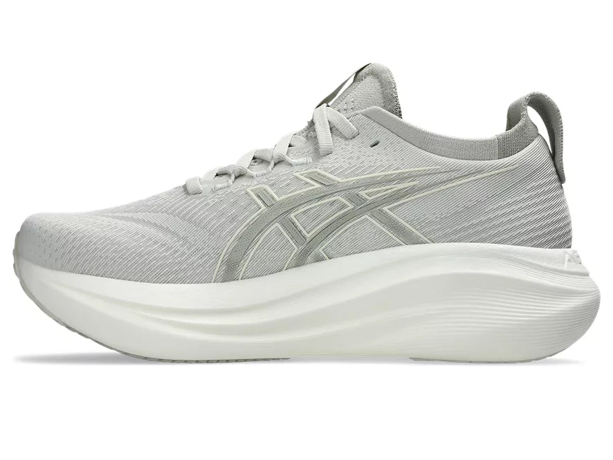 Women's Asics Gel-Nimbus 27. Grey upper. White midsole. Medial view.
