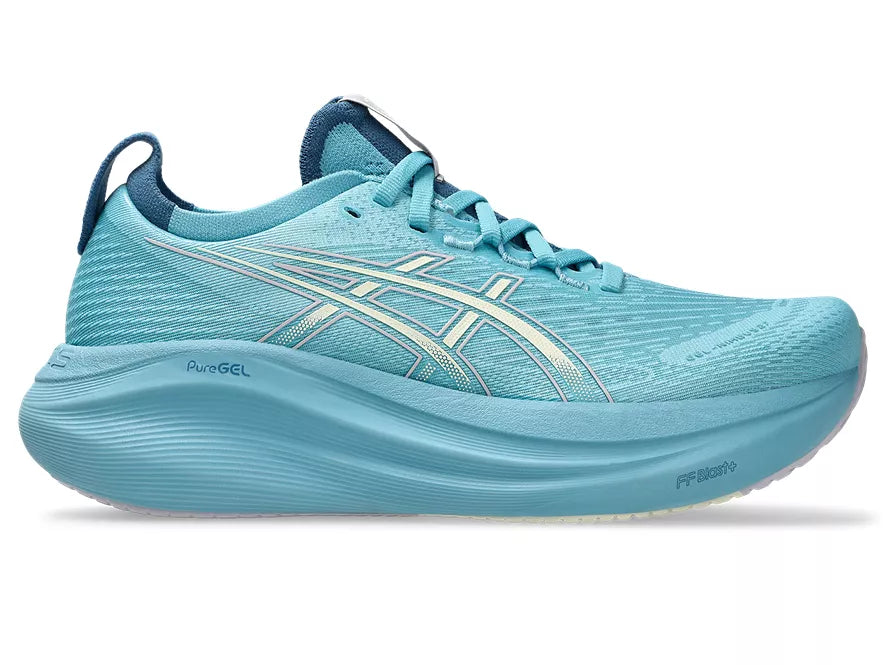 Women's Asics Gel-Nimbus 27. Blue upper. Blue midsole. Lateral view.