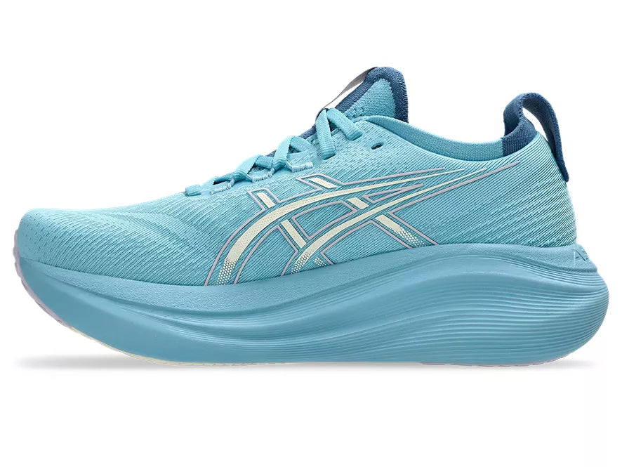 Women's Asics Gel-Nimbus 27. Blue upper. Blue midsole. Medial view.