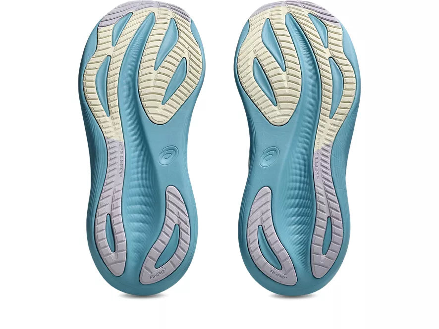 Women's Asics Gel-Nimbus 27. Blue upper. Blue midsole. Bottom view.