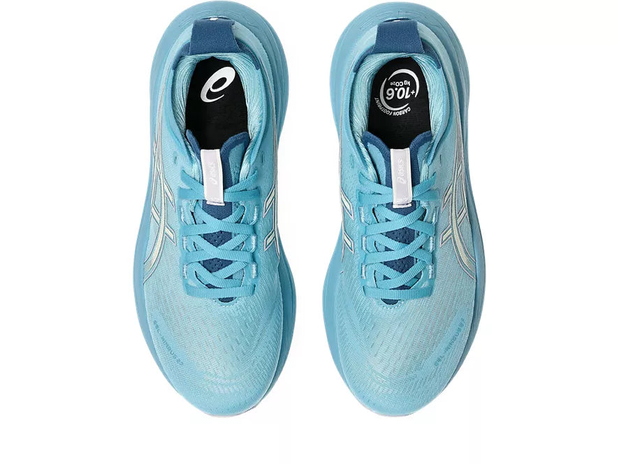 Women's Asics Gel-Nimbus 27. Blue upper. Blue midsole. Top view.
