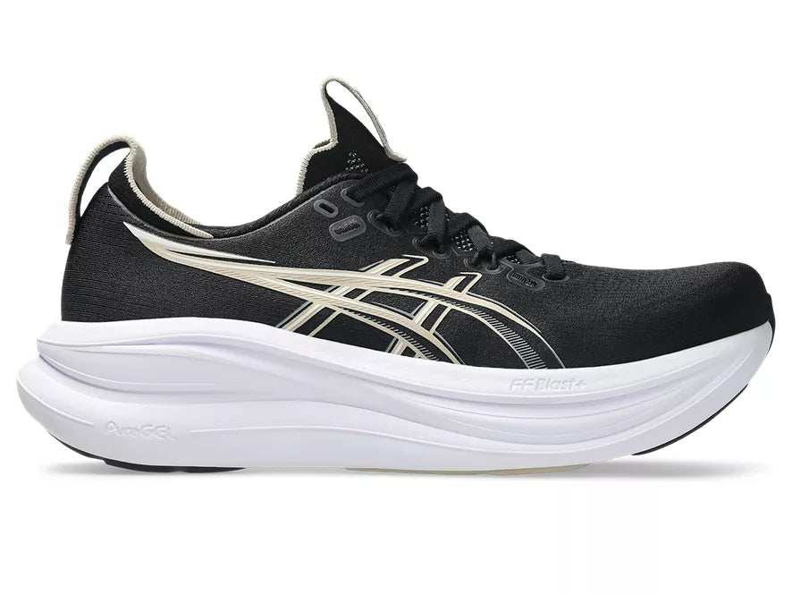 Women's Asics Gel-Nimbus 2. Black upper. White midsole. Lateral view.