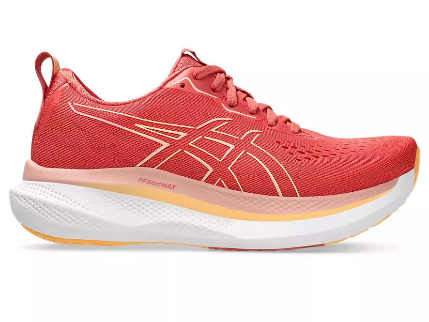 Women's Asics GlideRide Max. Red upper. White midsole. Lateral view.