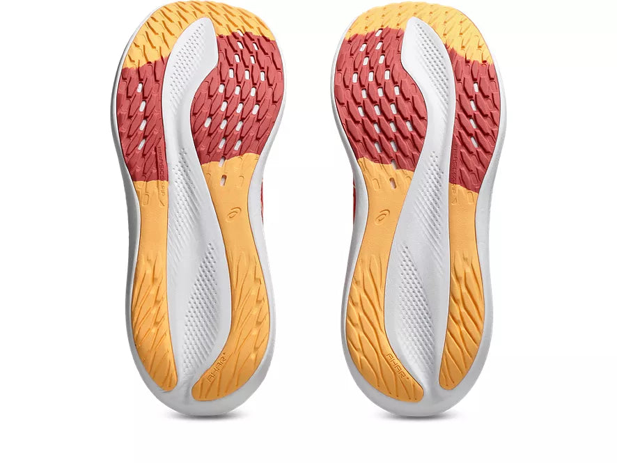 Women's Asics GlideRide Max. Red upper. White midsole. Bottom view.