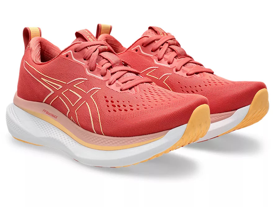 Women's Asics GlideRide Max. Red upper. White midsole. Lateral view.