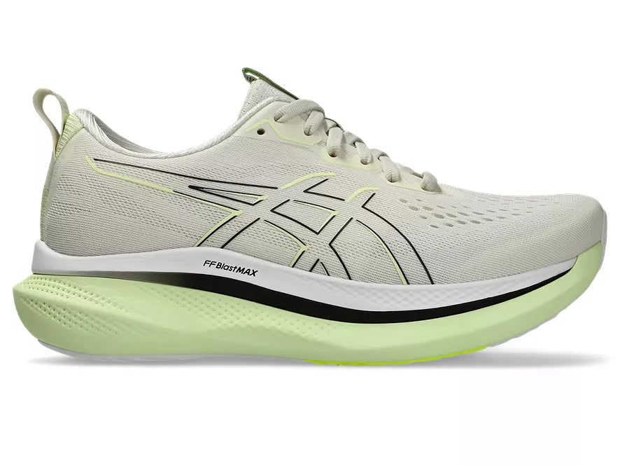 Women's Asics GlideRide Max. Off White upper. Light Yellow midsole. Lateral view.
