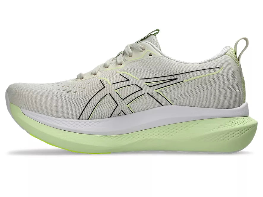 Women's Asics GlideRide Max. Off White upper. Light Yellow midsole. Medial view.