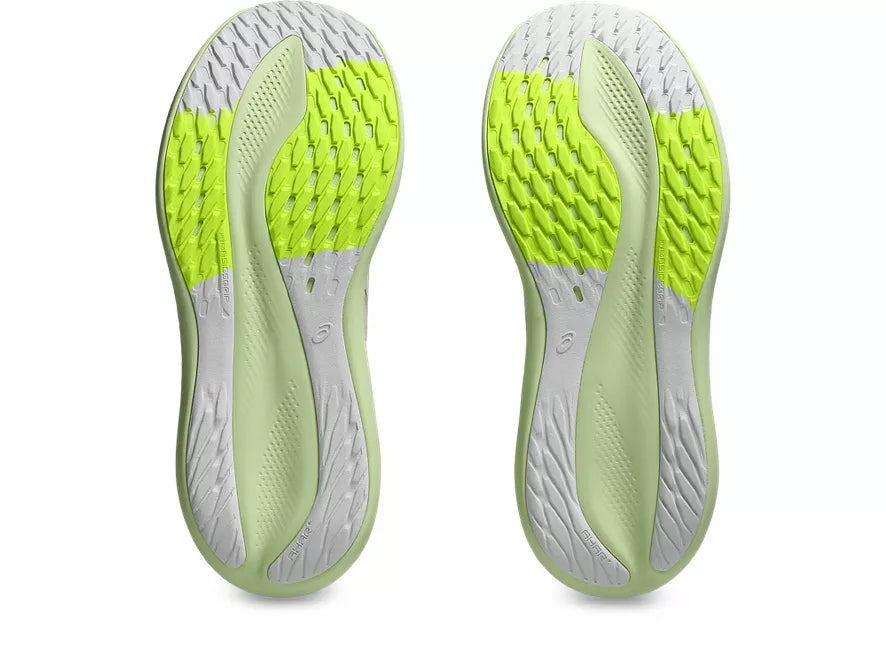 Women's Asics GlideRide Max. Off White upper. Light Yellow midsole. Bottom view.