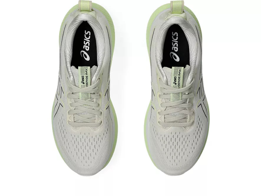 Women's Asics GlideRide Max. Off White upper. Light Yellow midsole. Top view.