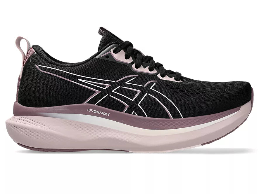 Women's Asics GlideRide Max. Black upper. Off White midsole. Lateral view.