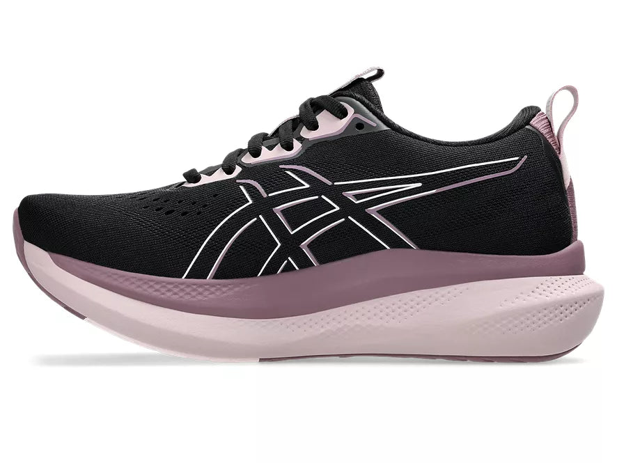 Women's Asics GlideRide Max. Black upper. Off White midsole. Medial view.