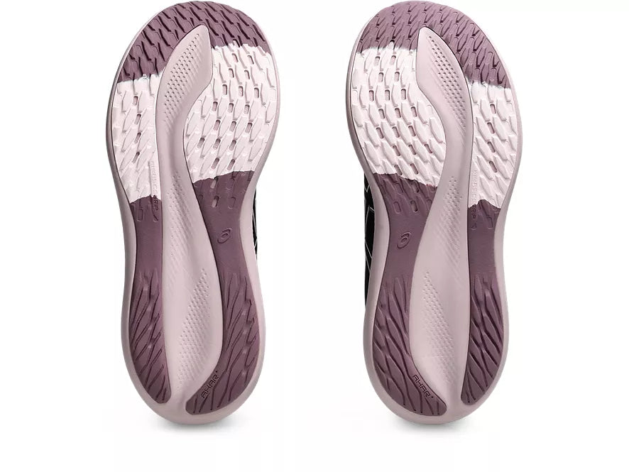 Women's Asics GlideRide Max. Black upper. Off White midsole. Bottom view.