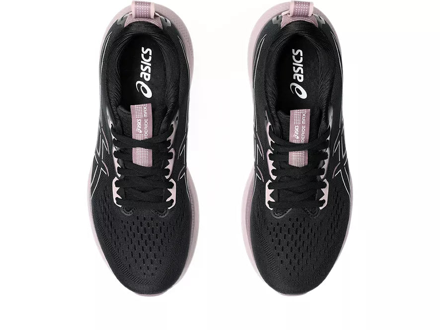 Women's Asics GlideRide Max. Black upper. Off White midsole. Top view.