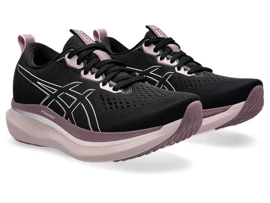 Women's Asics GlideRide Max. Black upper. Off White midsole. Lateral view.