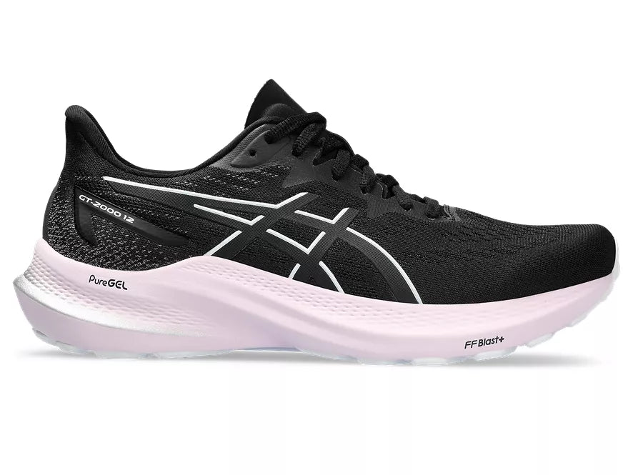 Women's Asics GT 2000 12. Black upper. White midsole. Lateral view.