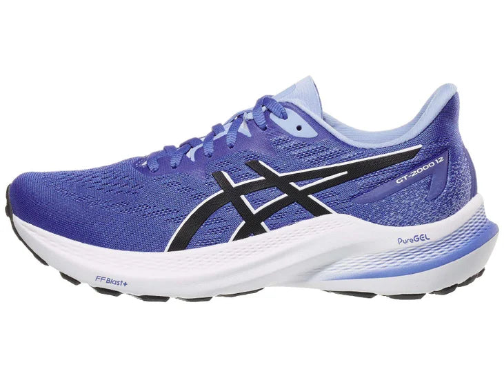 Women's Asics GT-2000 12. Blue upper. White midsole. Lateral view.