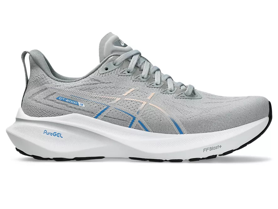 Women's Asics GT-2000 13. Light Grey upper. White midsole. Lateral view.