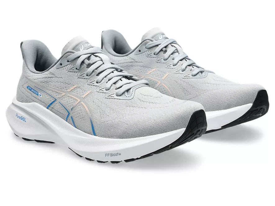Women's Asics GT-2000 13. Light Grey upper. White midsole. Lateral view.