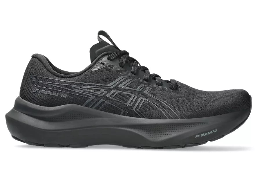 Women's Asics GT 2000 14. Black upper. Black midsole. Lateral view.